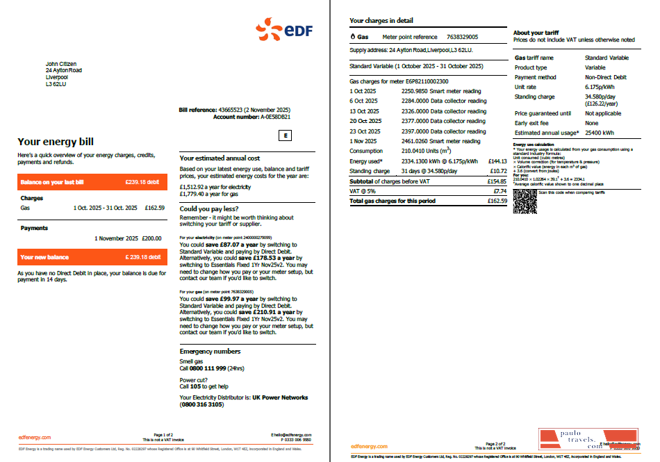 France EDF utility bill template in Word and PDF formats, 2 pages
